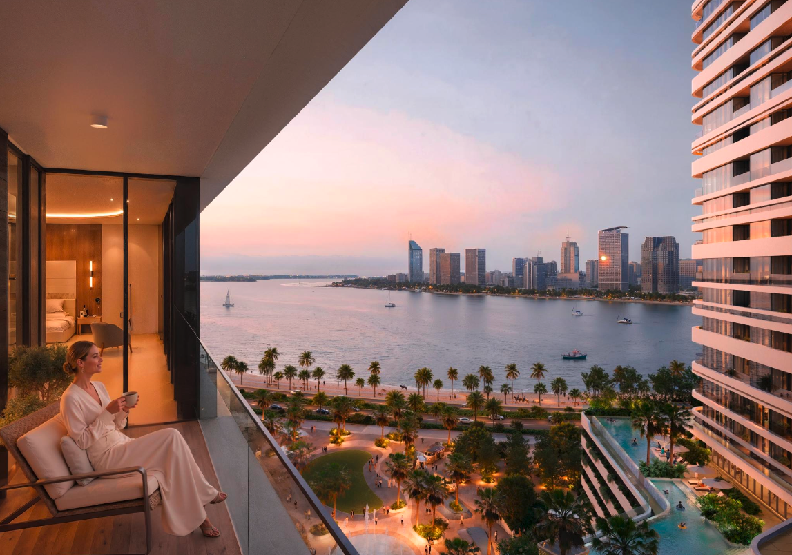Linar balcony view at sunset with Dubai skyline